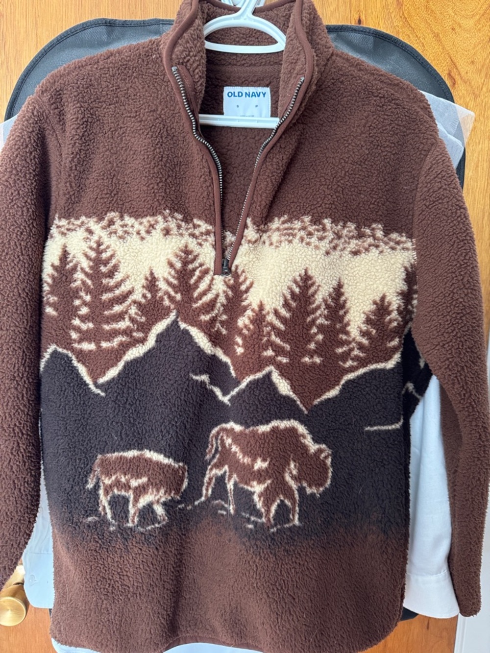 Old Navy Men's Brown Sherpa Quarter-Zip Pullover with Mountain & Buffalo Print